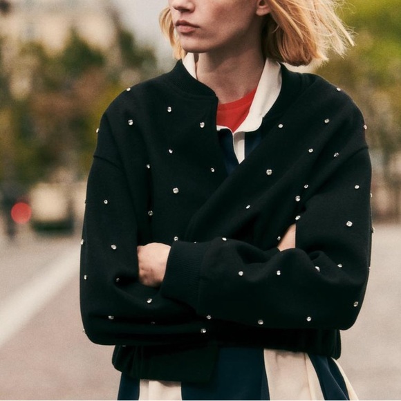 Zara Black Felt Texture Rhinestone Studded Bomber Jacket Size L - Picture 1 of 7